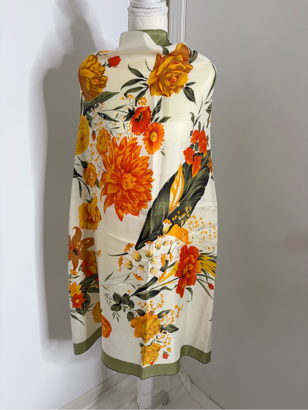 A Beautiful Lightweight Satin Scarf Vibrant Orange and Yellow Floral Print